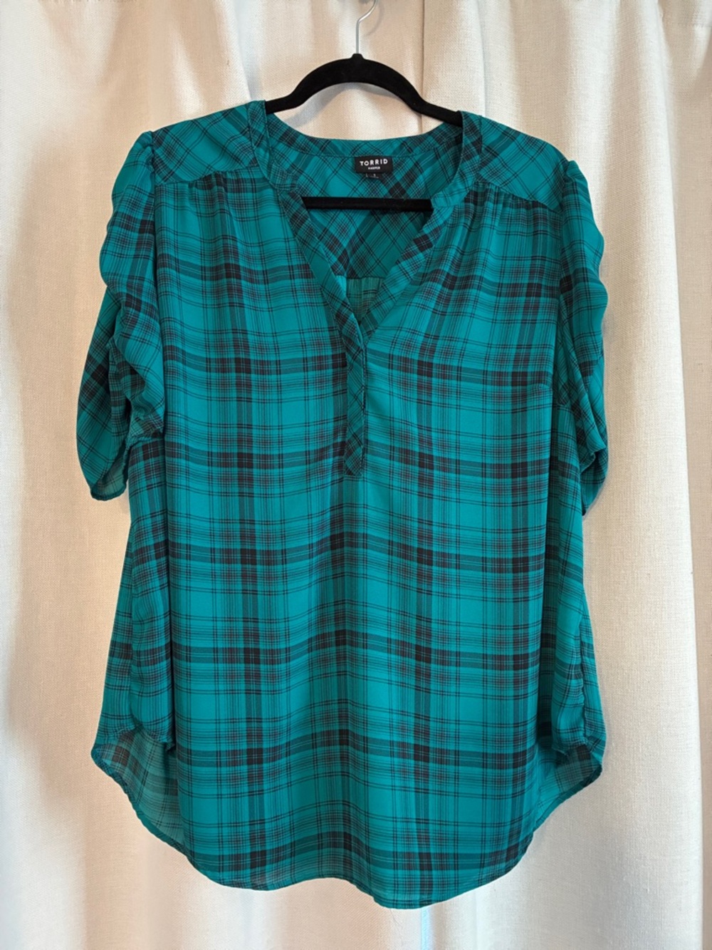 torrid Teal Plaid Split V-Neck Blouse